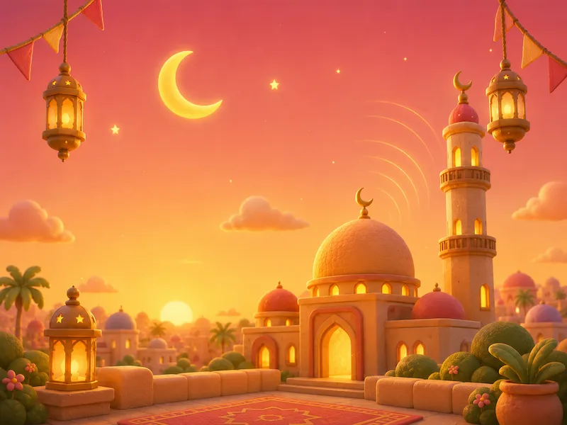 Eid Takbir for kids: festive Eid morning scene with a crescent moon