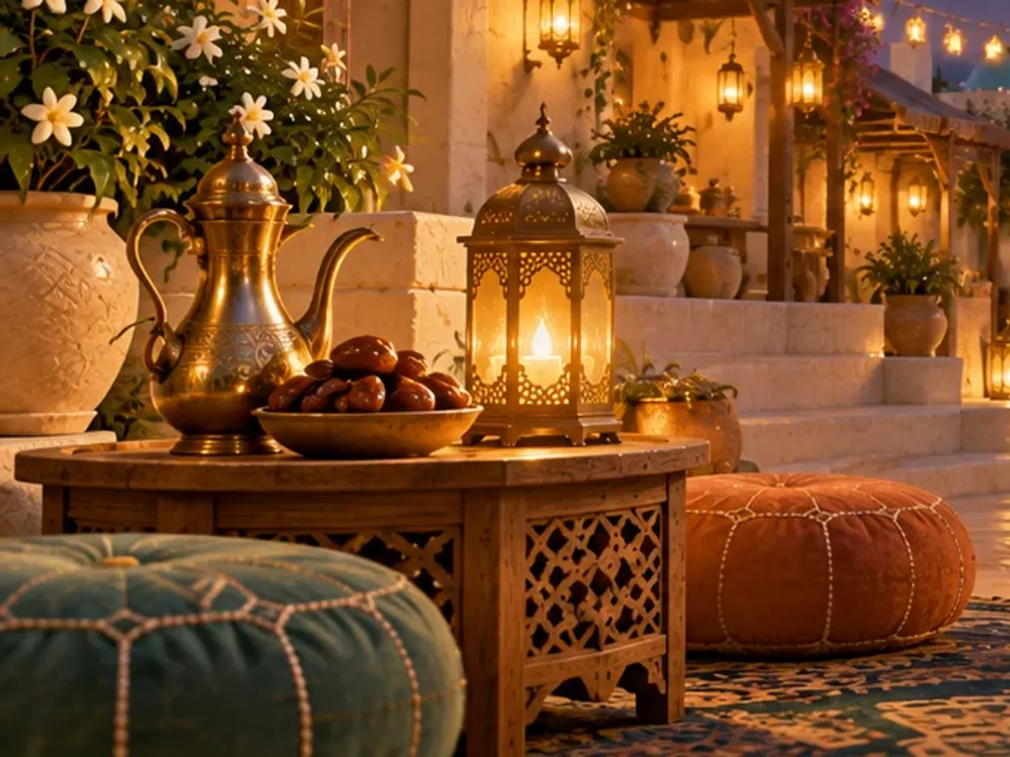 Dates, a brass jug and a glowing lantern on a low table at iftar
