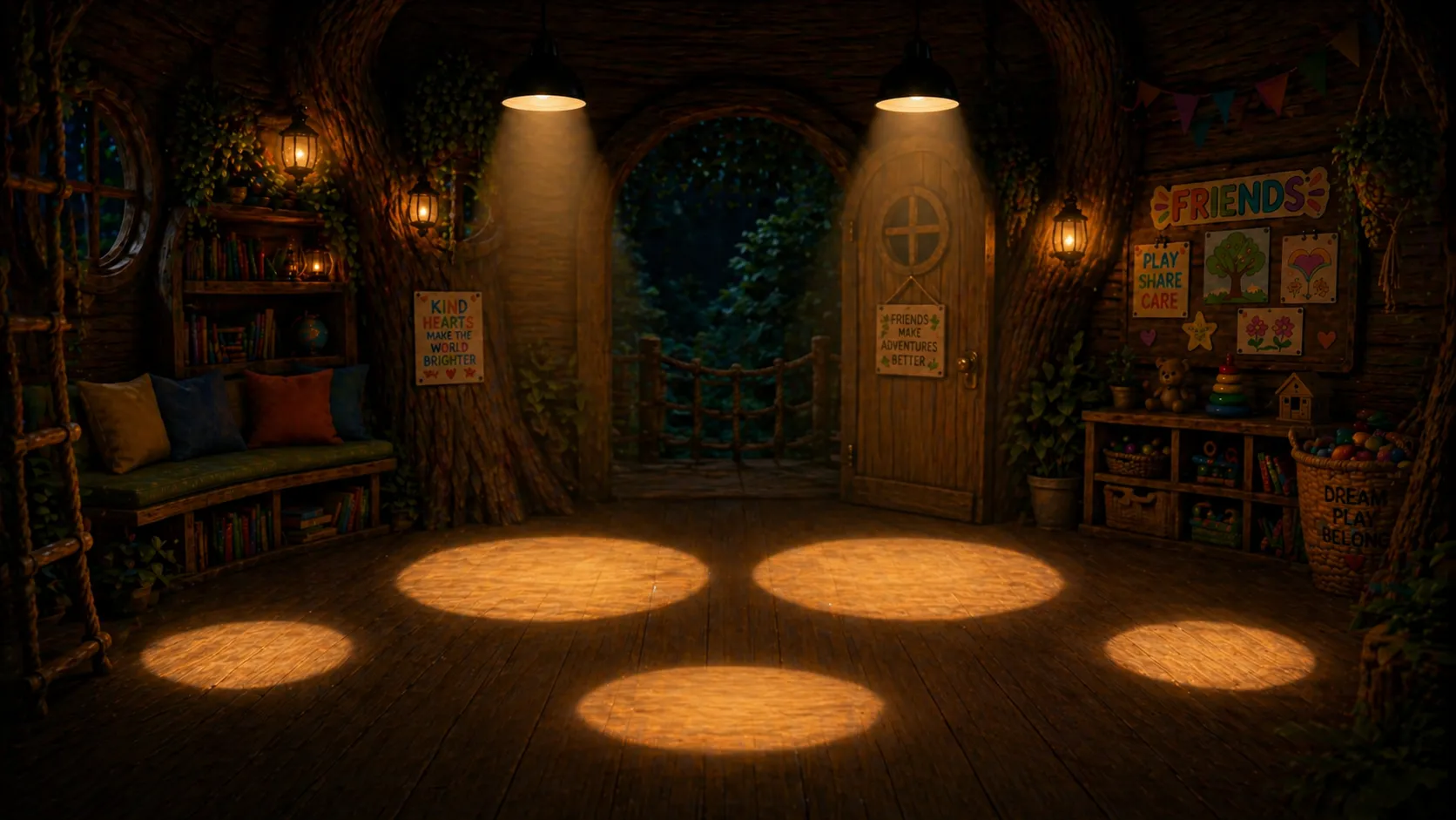 The Layth and Layan treehouse interior where the characters gather