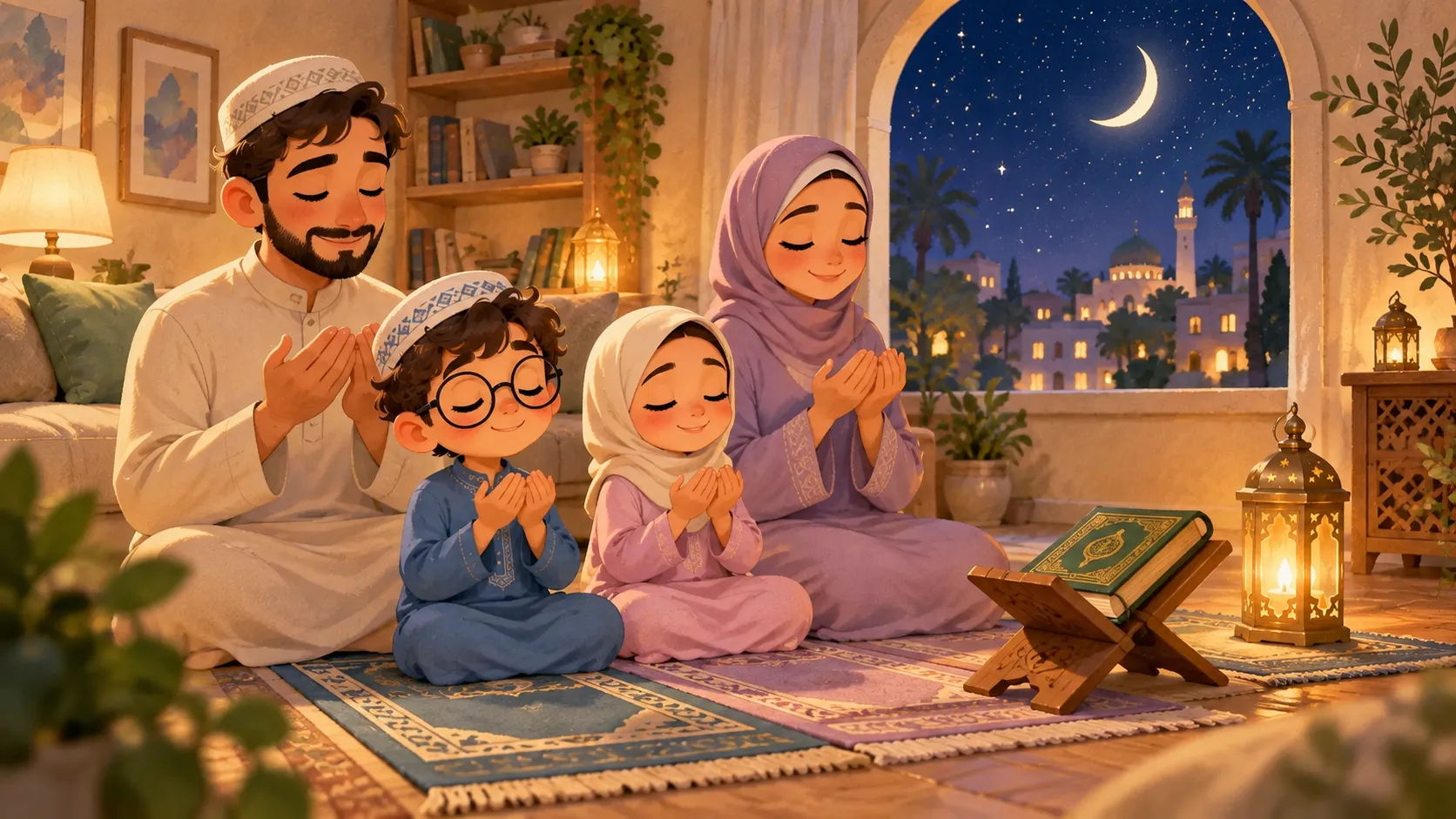 A family praying together at night in Ramadan, for the lesson Aisha’s Question on the Night of Power