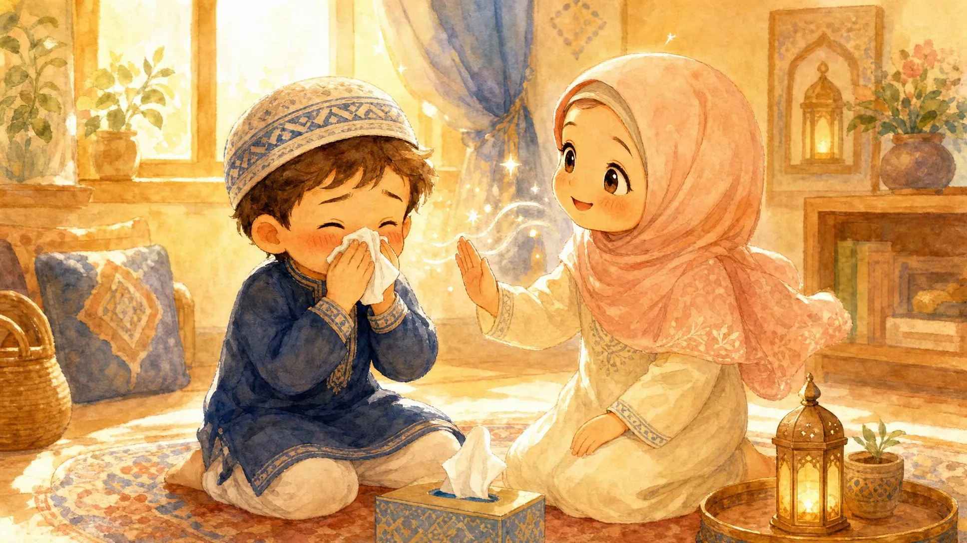 A cheerful child sneezing and saying Alhamdulillah, representing the Alhamdulillah for a Sneeze lesson