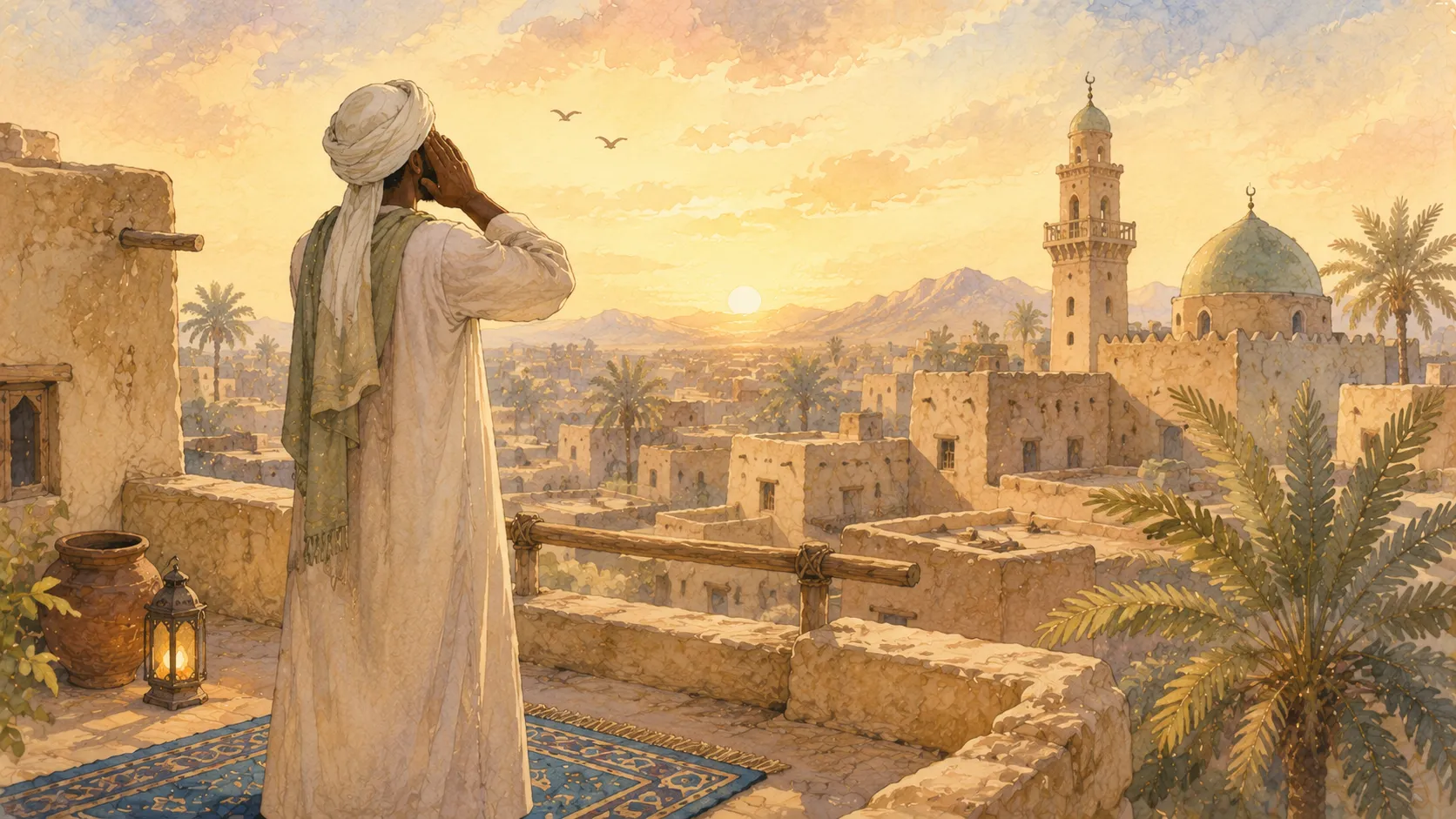 Bilal ibn Rabah, the first muezzin in Islam, standing on a rooftop at sunrise with hands raised to call the adhan in soft morning light