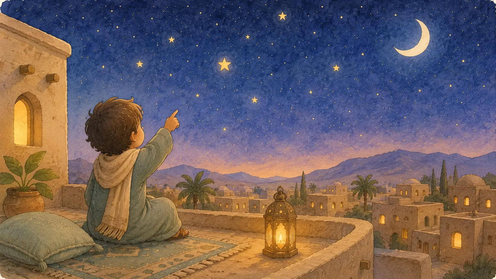 Prophet Ibrahim as a young boy looking up at a starry night sky with crescent moon, illustrating the Quranic story of his journey to understanding the One God