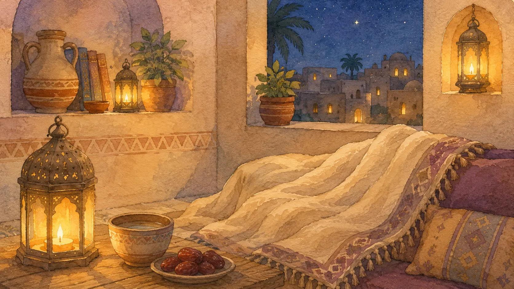 A warm lamplit room in Mecca at night with a soft blanket spread on a low bed, a bowl of water and a plate of dates, and the sleeping city visible through the window
