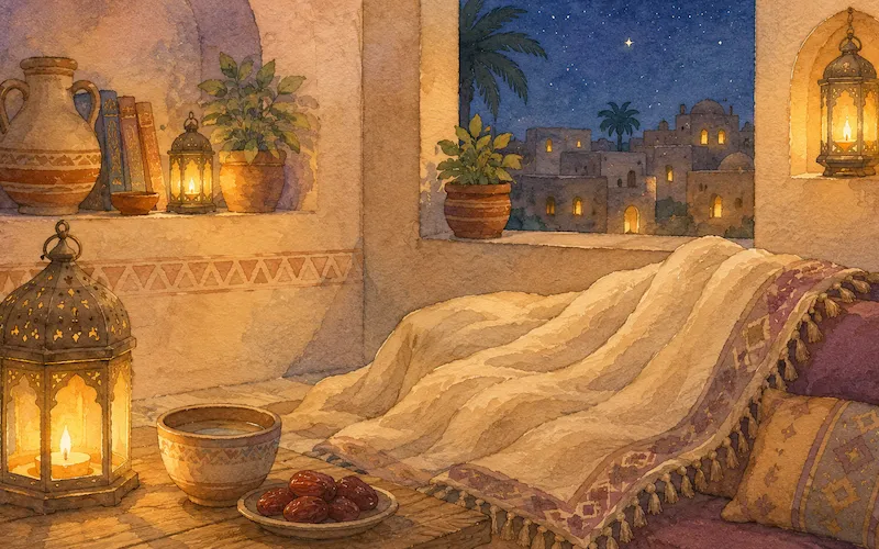 A warm illustration of Khadijah comforting her husband the Prophet Muhammad with love and faith