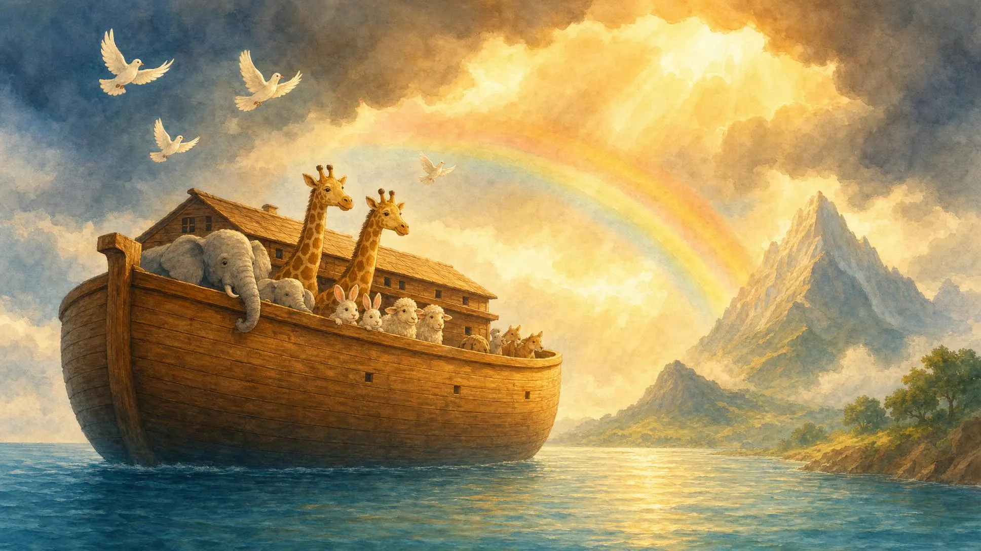Prophet Nuh's great ark floating safely on the water, carrying the believers and pairs of animals, from the story of Prophet Noah in the Quran