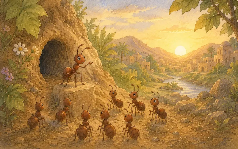 A small ant on a sandy path with a distant army silhouette