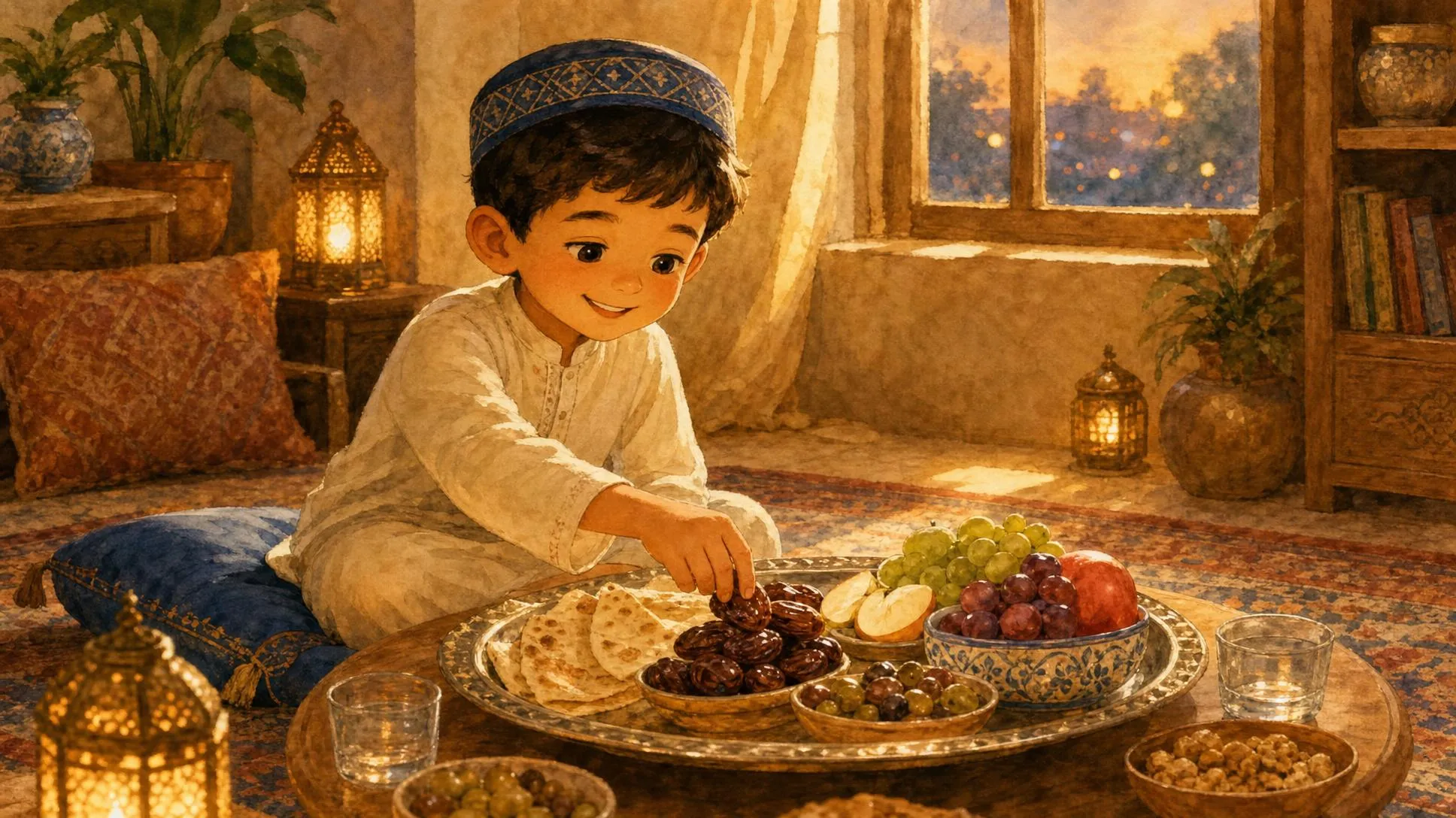 A young boy learning table manners from the Prophet Muhammad, representing The Boy at the Table story