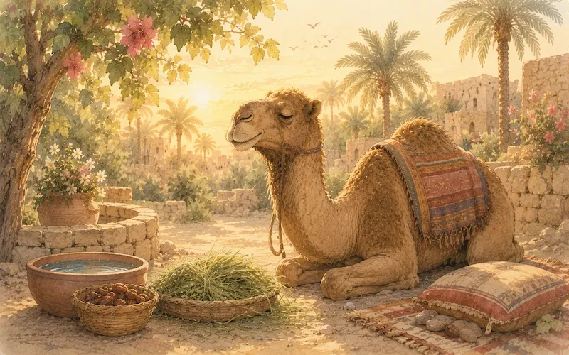 A peaceful camel resting, representing the Camel story