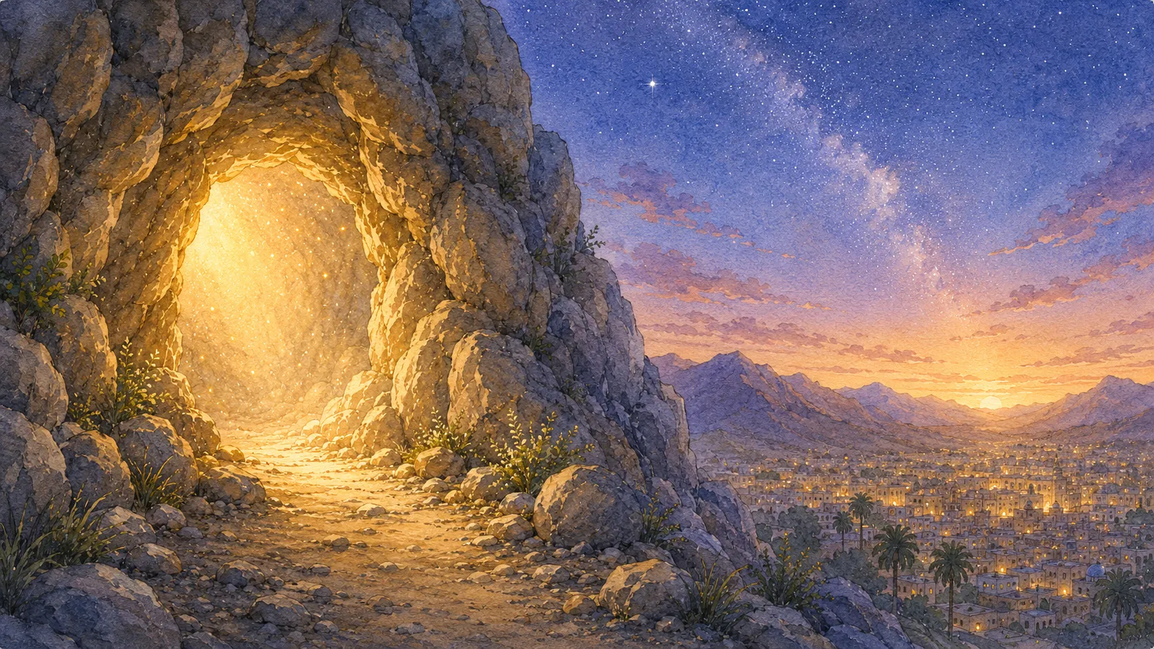 The glowing mouth of the cave of Hira high on a mountain at dawn, looking out over the lights of Mecca and the mountains beyond