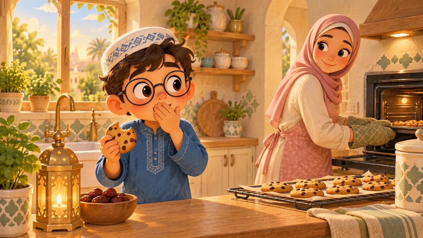 A child in a warm kitchen holding a homemade cookie with one bite taken, suddenly remembering they are fasting, while a tray of cookies cools on the counter
