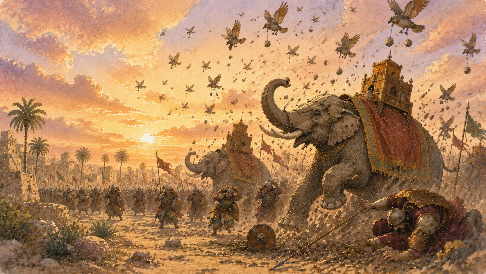 Small birds dropping stones on Abraha’s elephant army to protect the Kaaba, illustrating the Quranic story of Surah Al-Fil and the Year of the Elephant