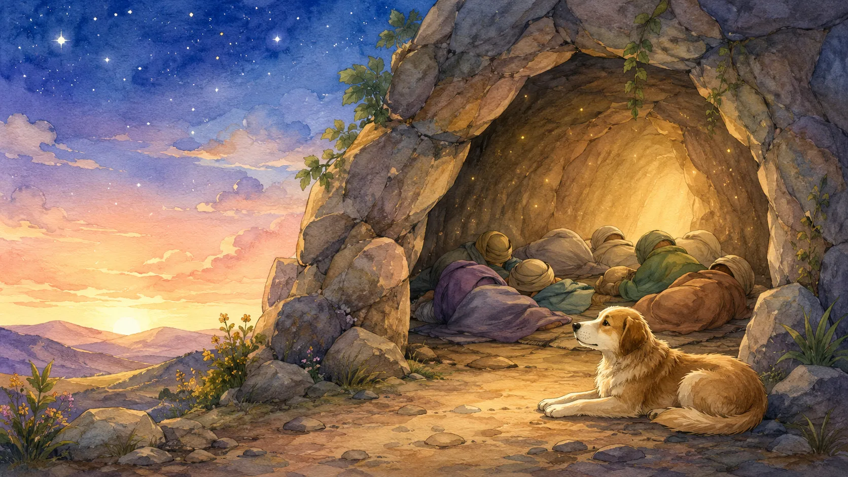 Young men sleeping peacefully under coloured blankets inside a warm cave, with a dog resting at the entrance and a starry sunset sky over the hills outside