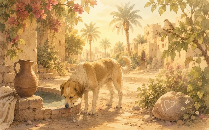 A small dog near a well, representing the Thirsty Dog story