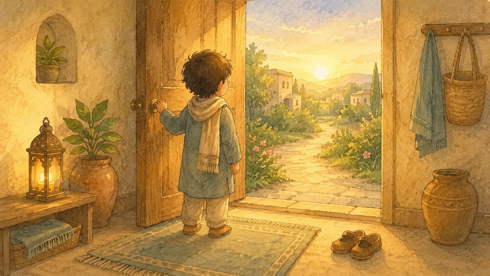 A young boy standing at an open front door with his hand on the handle, looking out at a sunlit path leading away from the house