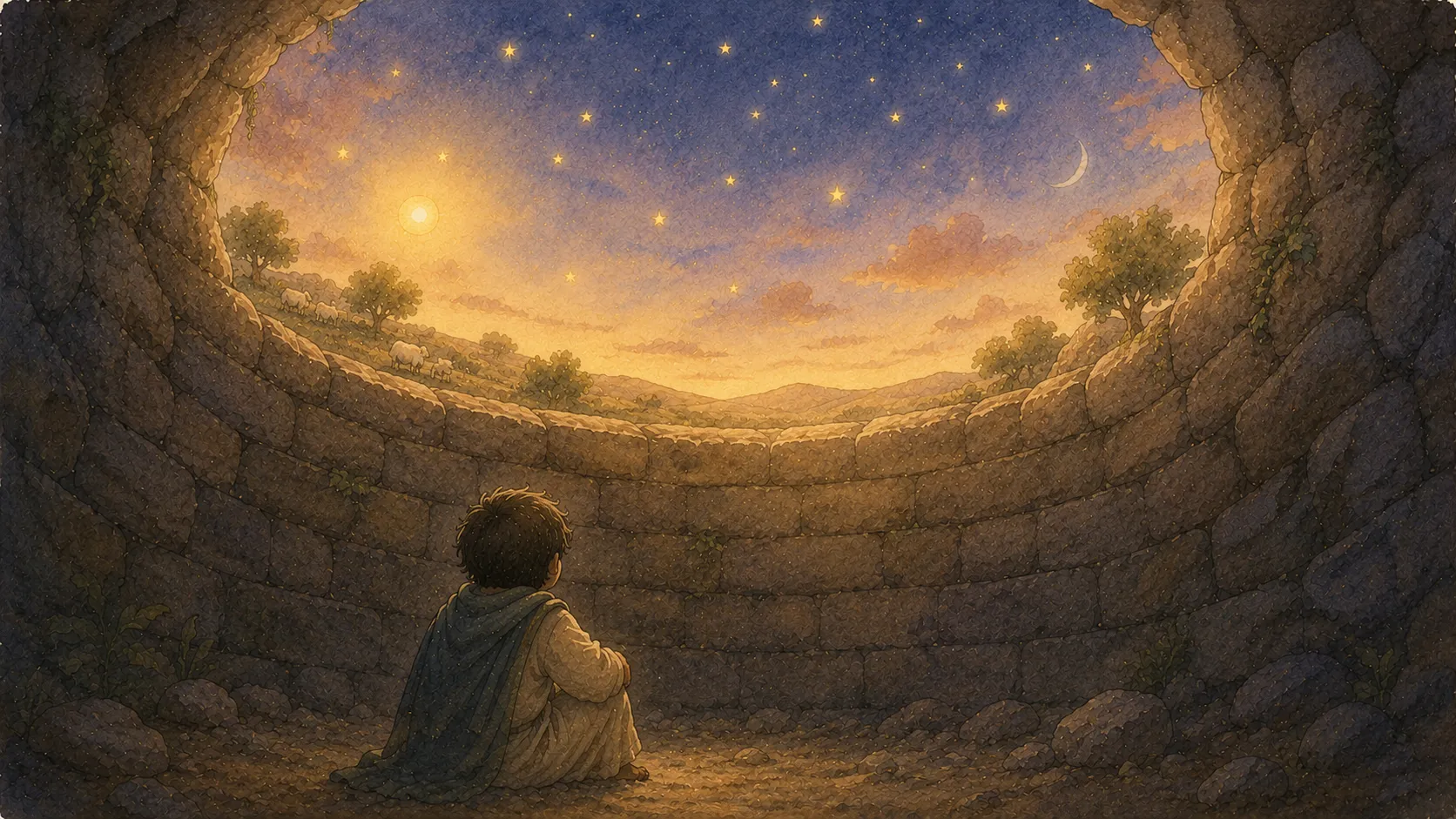 Prophet Yusuf as a young boy looking up at a dream of stars, sun, and moon, illustrating the Quranic story of Surah Yusuf from the Quran