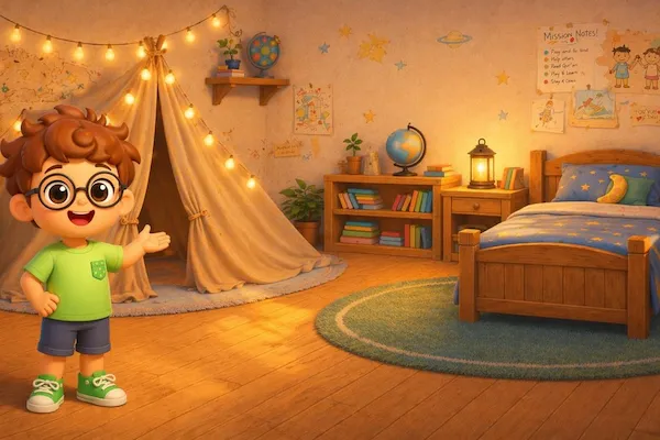Layth in his bedroom ready to tidy up