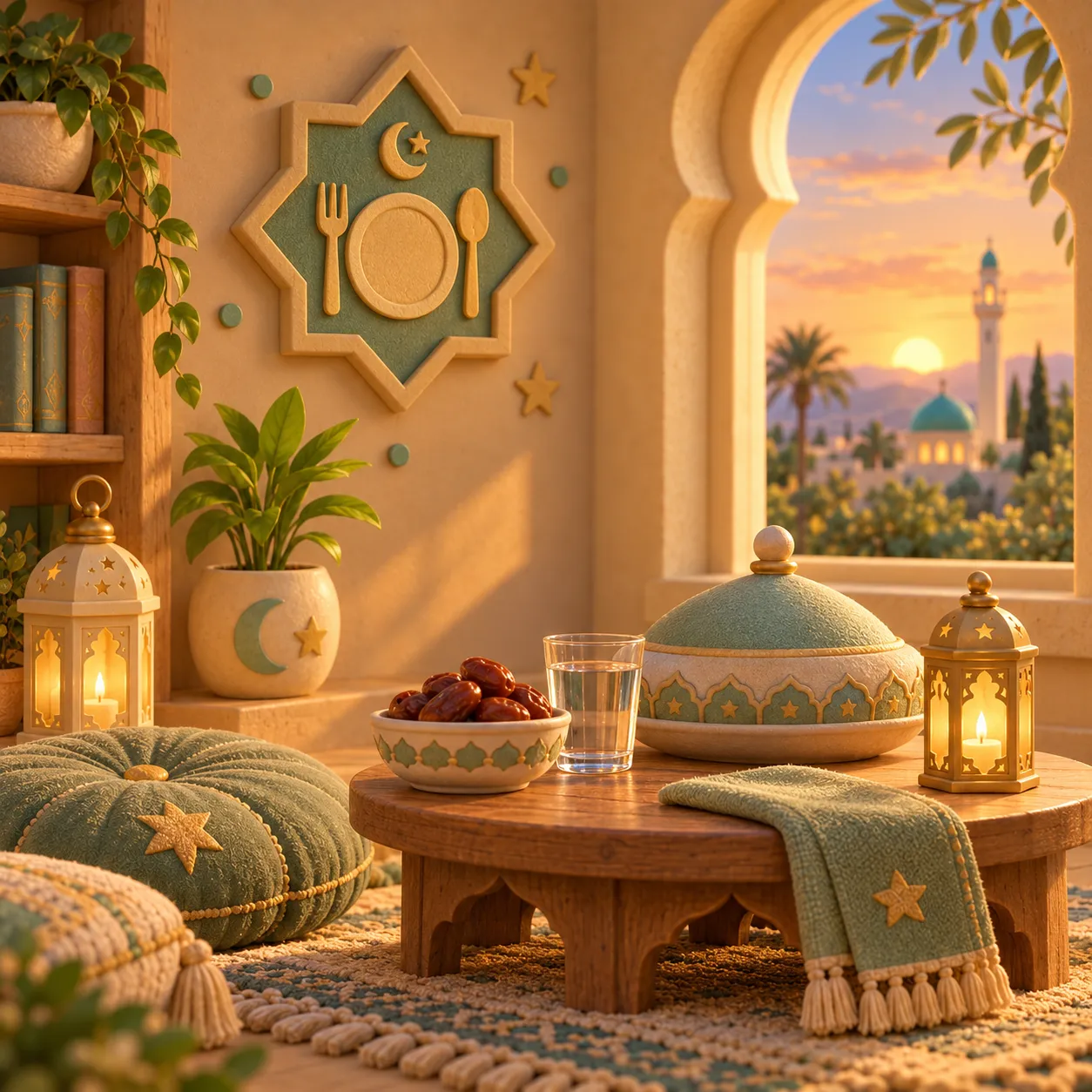 A low table set for iftar with dates, a glass of water and a covered dish, lanterns glowing as the sun sets beyond the window
