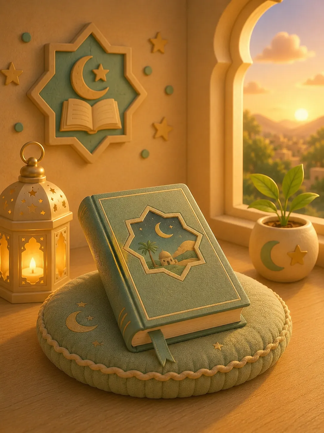 An open storybook with soft golden light, representing Islamic lessons and stories for Muslim children