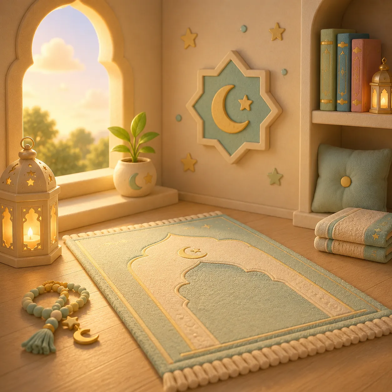 A child standing on a prayer mat in the qiyam position of salah