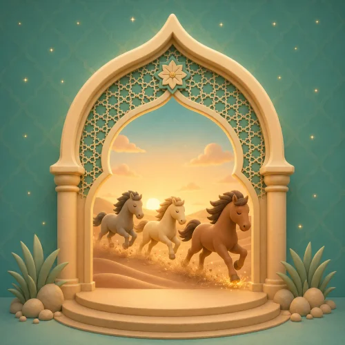 Illustration for Surah Al-Adiyat, surah 100 of the Quran, the racing horses