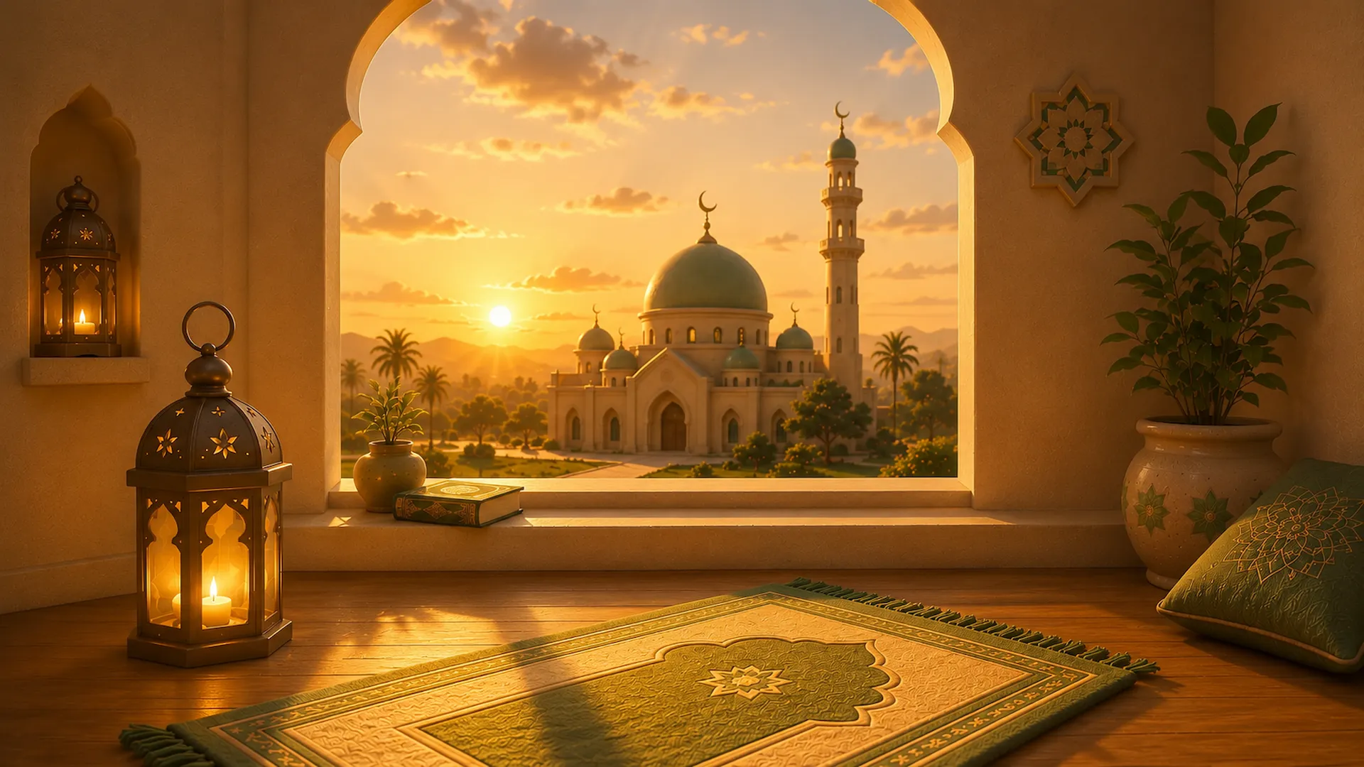 An afternoon scene with the sun lower in a warm golden-blue sky above a small mosque