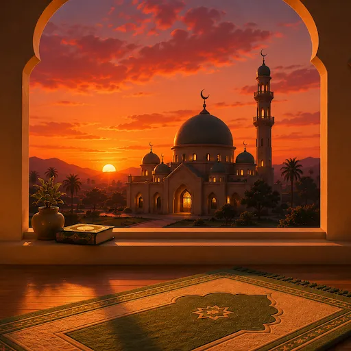 A rich sunset sky with deep oranges and pinks, representing the Maghrib prayer time