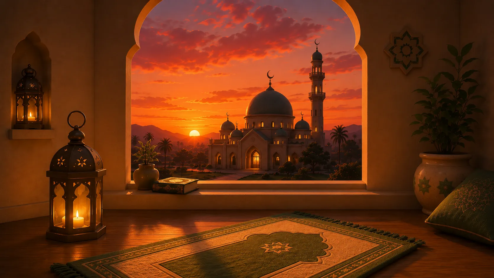 A warm sunset scene with the sun low on the horizon in orange and pink skies above a small mosque